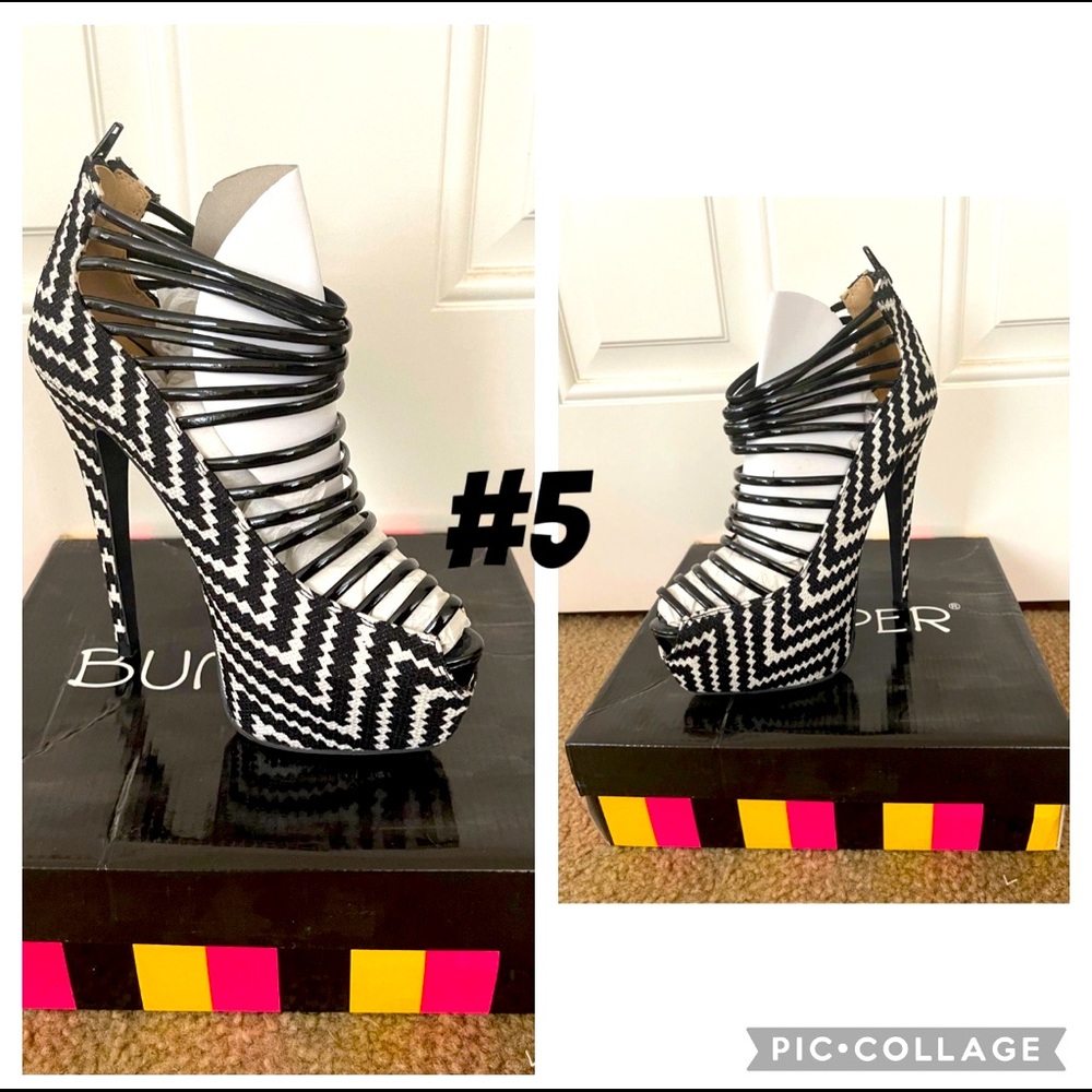 Black & White Chevron strappy bootie platform heels Sz 8